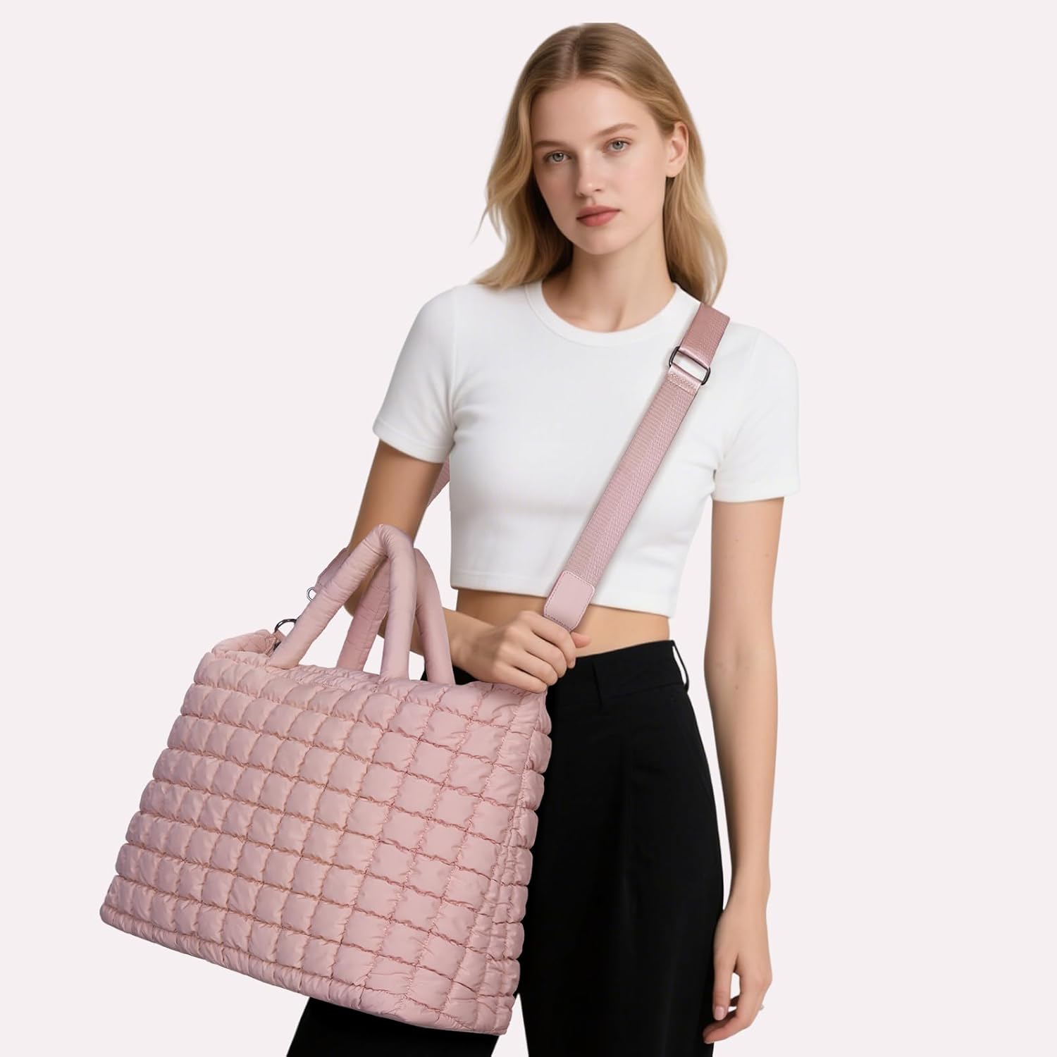 Quilted Duffle Bag for Travel, Large Puffer Duffel Weekender Bags Soft Gym Tote, Big Puffy Carry on Luggage Overnight - Image 2