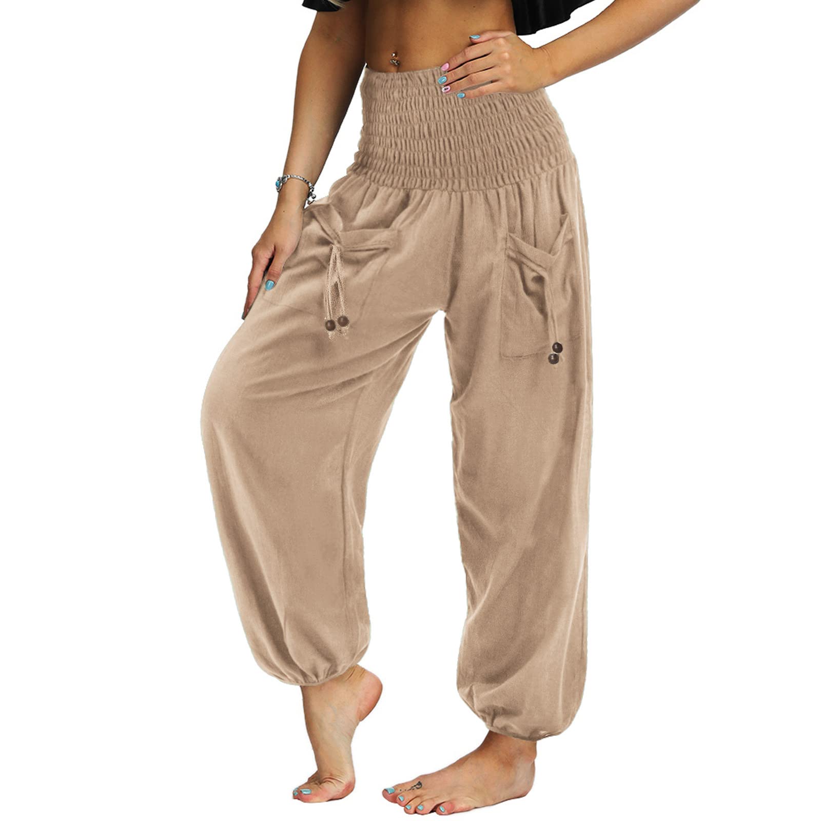 Nuofengkudu Pareja Hippie Pantalon Harem Elásticos Cintura Alta Bolsillos Bombachos Comodos Yoga Pants Pantalones Unisex Pijama Verano Playa Viaje Casual