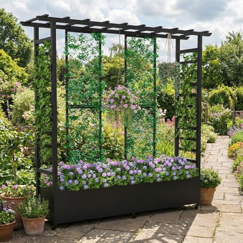 Hochbeet mit Rankgitter und Hängedach, wetterfester Metall-Pflanzkasten mit 4 Rollen und 2 seitlichen Rankgittern für Kletterpflanzen, mobiler Sichtschutz für Terrasse, Balkon und Garten