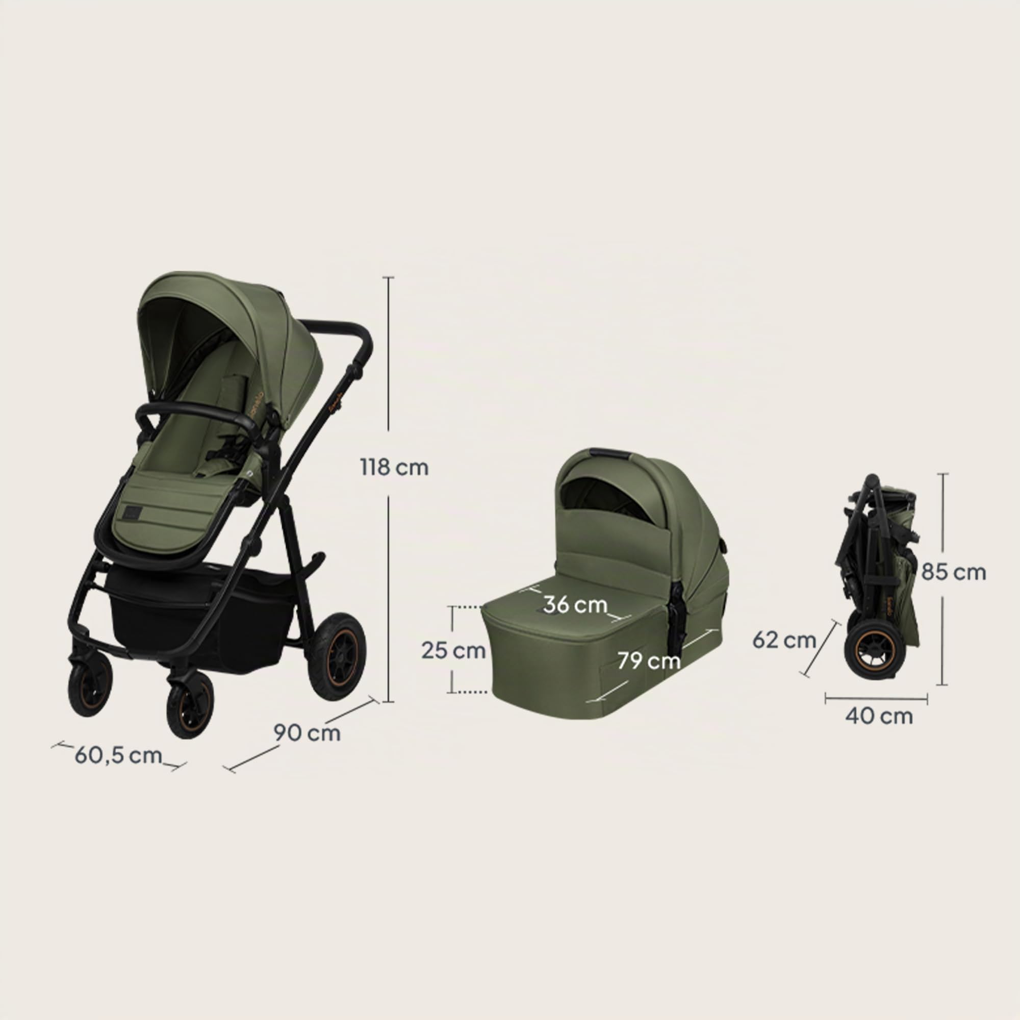 LIONELO Amber Plus - Poussette 2-en-1 0 à 4 ans jusqu'à 22 kg avec baignoire, dossier réglable, harnais 5 points, grandes roues 360o, housse XXL, landau (Green)