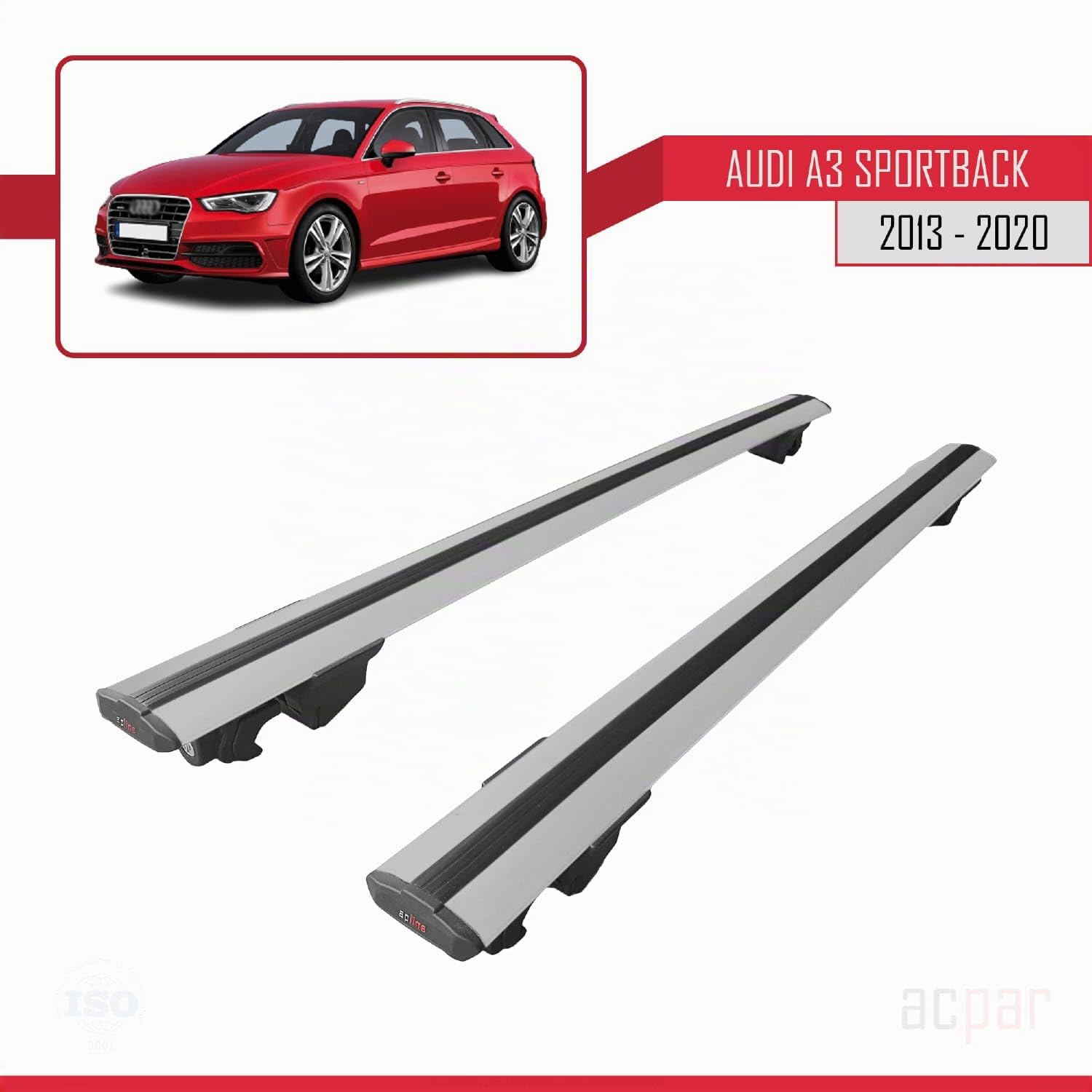 Compatibile con Audi A3 Sportback (8V) 2013-2020 Modello HOOK Barre Tetto Portapacchi Auto Barre Portatutto Grigio Alluminio 2 Barre