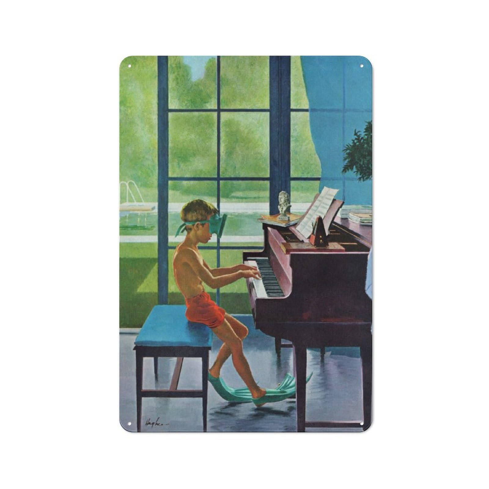Rustic Tin Wall Sign 30x20cm Featuring Piano Diver, Bistro Wall Plaque for Restaurant, Kitchen, Counter Or Breakfast Nook