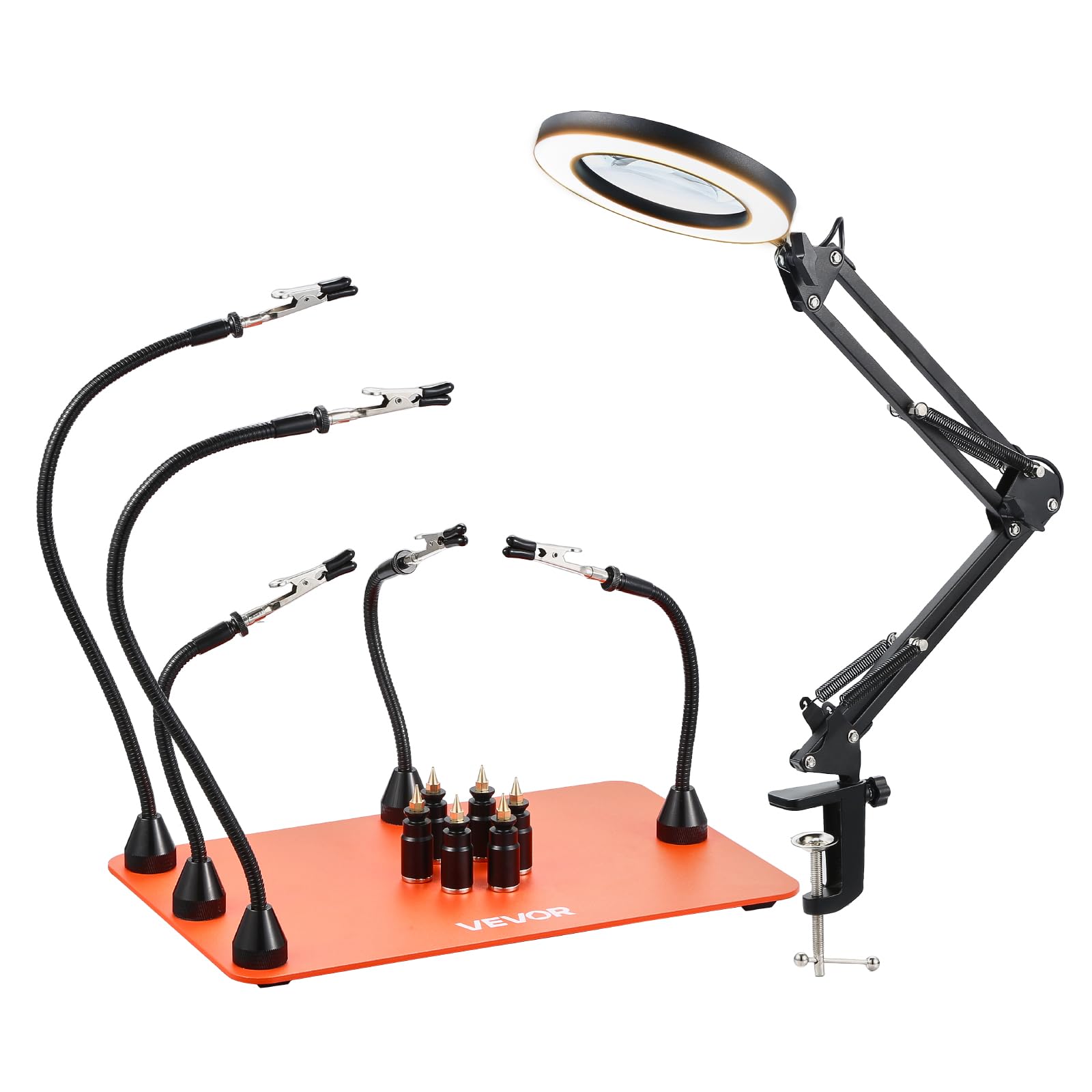 VEVOR Stazione di Saldatura Strumento Terza Mano per Saldatura con Lampada di Ingrandimento a LED 3X 5 Bracci Flessibili, 6 Supporti per PCB, Supporto per Riparazioni Elettroniche Fai da te