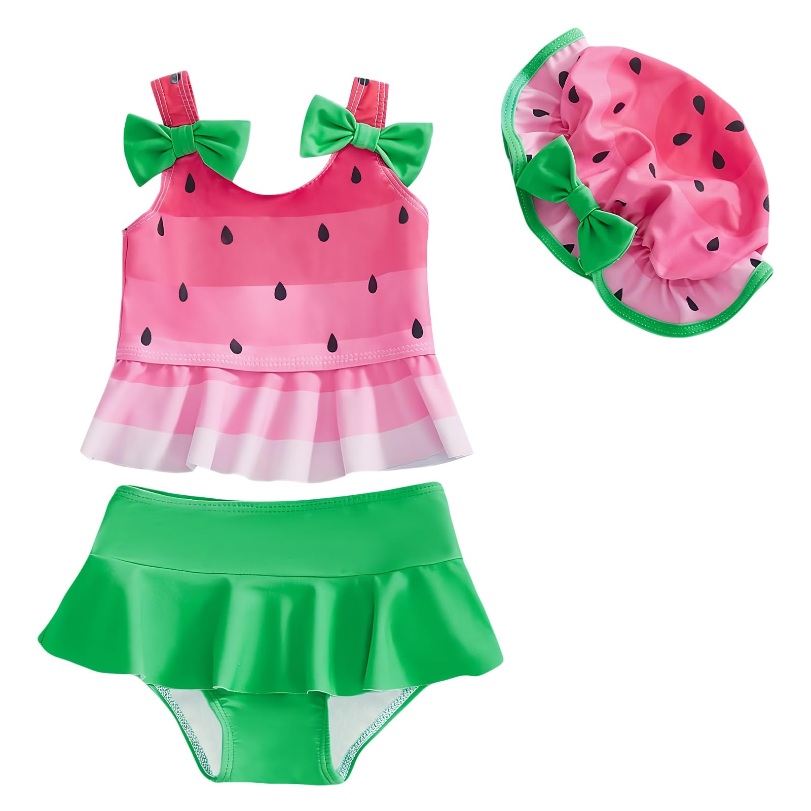 DivingBirds Costume da bagno a due pezzi per bambine con cappello, costume da bagno con volant e fiocco per 3-4 anni