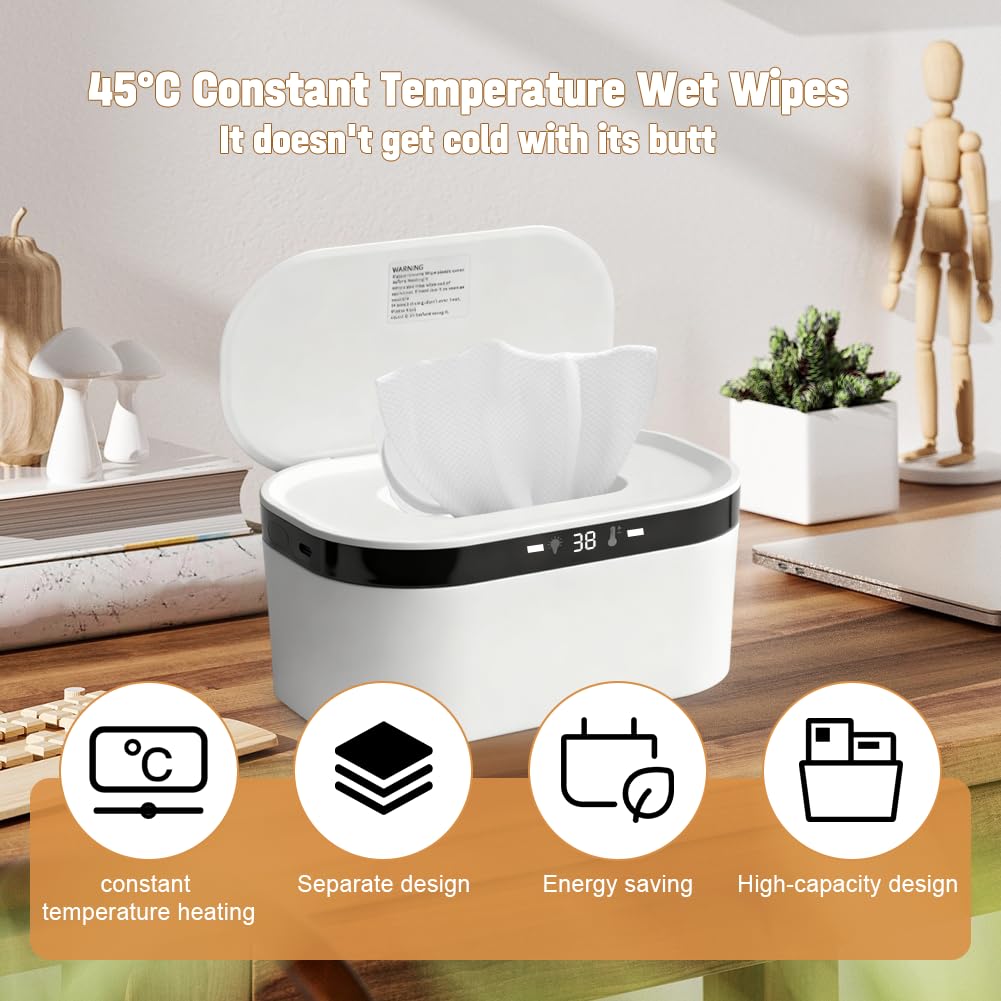Chauffe-lingettes LOMUG, 3 niveaux de température, chauffe-lingettes rapide, chauffe-lingettes USB, dispositif chauffant LED pour lingettes humides, boîte chauffante avec veilleuse intégrée