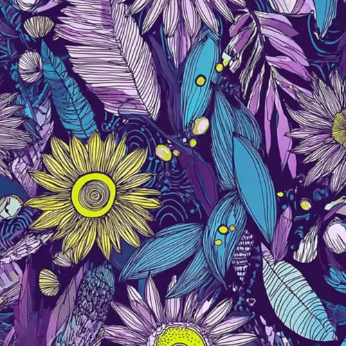 壁紙 45cm x 300cm 剥がせる 鮮やかなひまわりと青・紫のアクセントをもつ抽象花柄パターン 多機能 防水/汚れ防止/防油 食器棚 クロ 玄関 ふすま紙 家具 部屋 DIY 賃貸OK