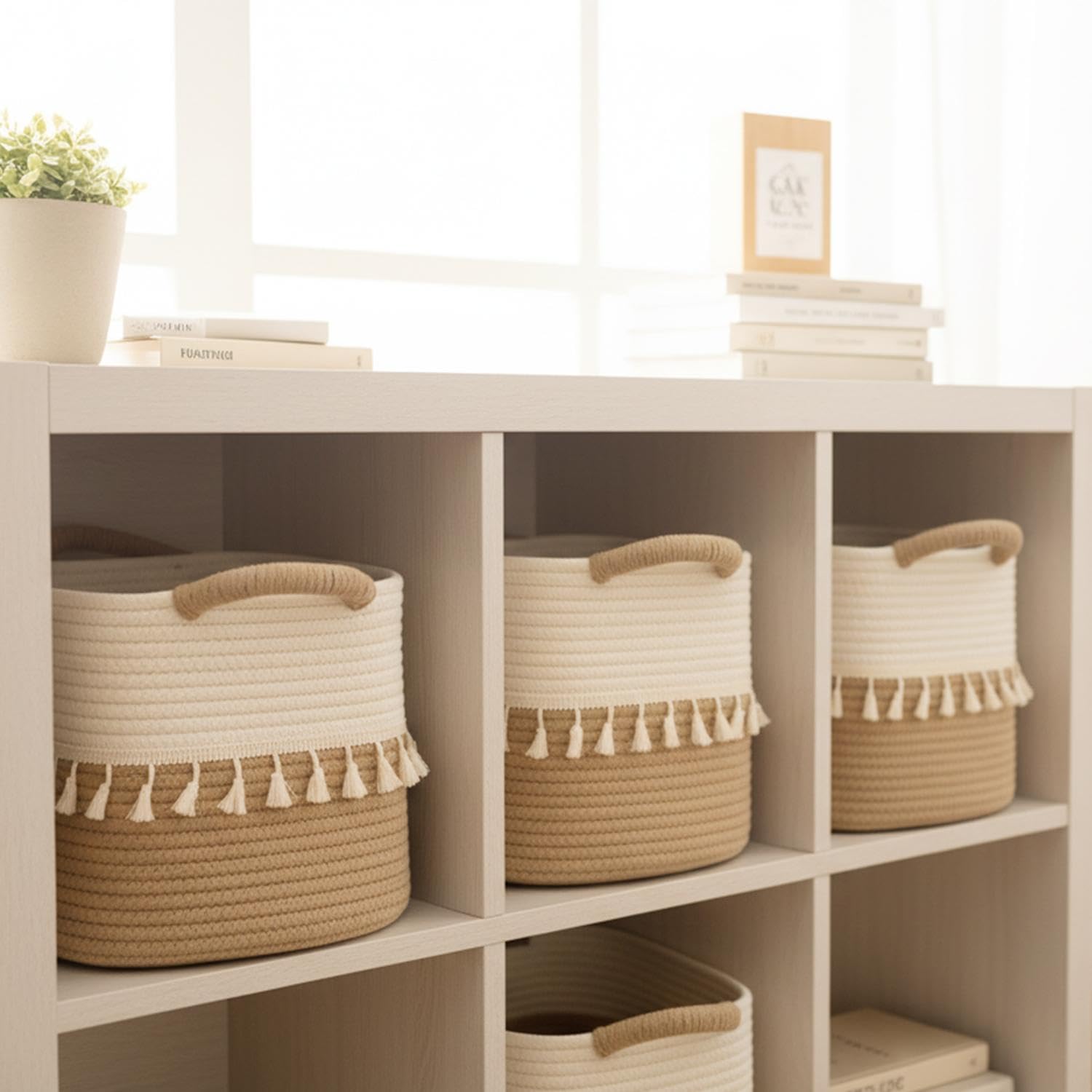 TeoKJ Juego de 3 contenedores de almacenamiento tejidos, cesta de cuerda de algodón para almacenamiento, cesta de almacenamiento de ropa para organizar y almacenar, White&Jute