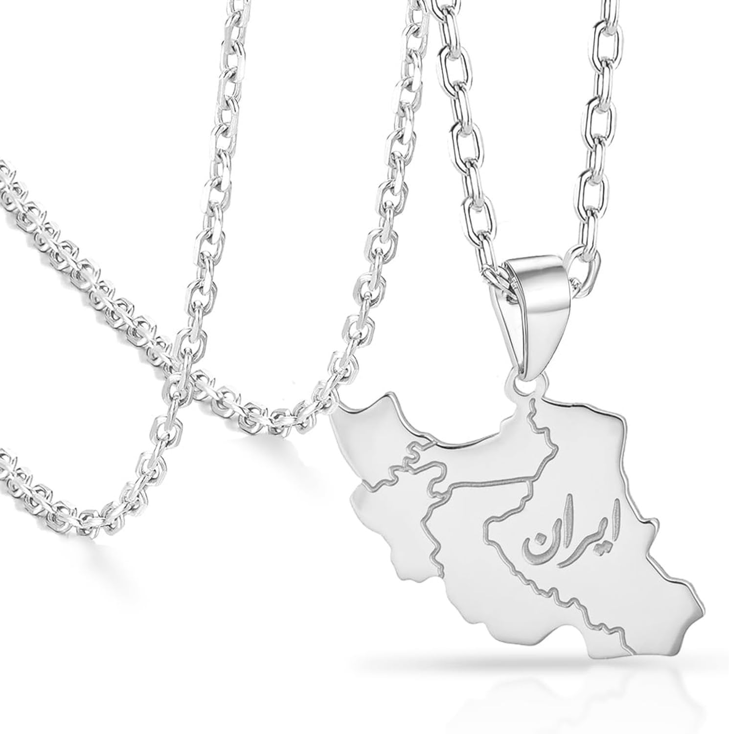 GIOFEOIK Iran Map Pendant Necklace with Dove Flag Colour CZ Stainless Steel Persian Patriotic Jewellery Gift for Women Men, silver 10
