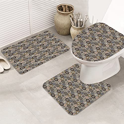 3 teiliges Badematten Set rutschfest U-FöRmige Duschvorleger,Florales, viktorianisches Damast-Barock-Sechseck Rokoko… – Bild 6