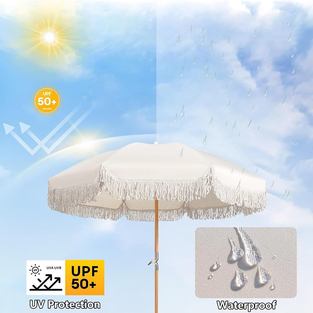 200 cm Parasol Plażowy Boho z Pochylanym Drewnianym Drążkiem, UPF 50+ Składany Parasol Przeciwsłoneczny z Frędzlami i Torbą Transportową