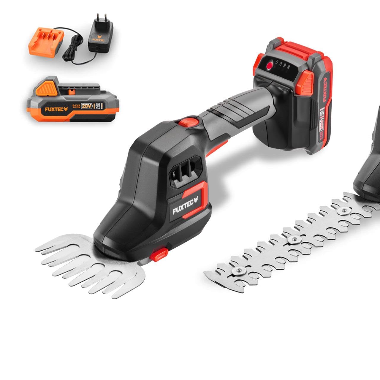 FUXTEC Akku Grasschere & Strauchschere FX-E1HHS20-SET • 20V Handheckenschere mit 2Ah Akku • 200mm Schwert • 105mm Rasentrimmer • 80 Min Laufzeit • inkl. Ladegerät