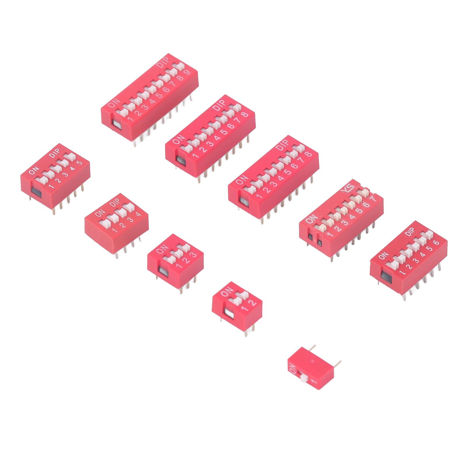 Pack 40 Commutateurs DIP à Glissière Rouge - 1-12 Positions, Montage PCB, 2.54mm