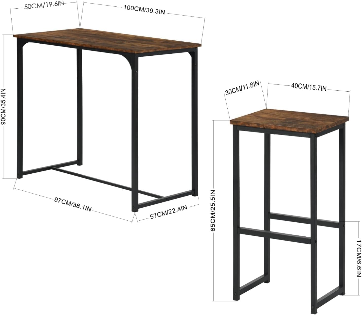 Tavolo Bar con 4 Sgabelli, Set Tavolo Cucina Penisola Vintage (100x50x90cm) - MDF+Ferro Robusto, Sedia con Poggiapiedi Anti-Graffio, Adatto per Sala da Pranzo Balcone Bistrot (Marrone Retrò)