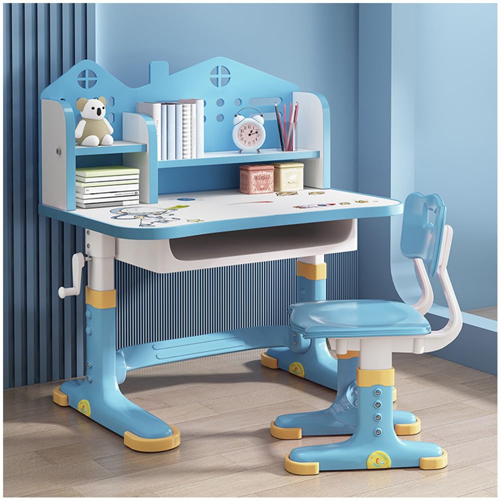 Kinder-Schreibtisch- und Stuhl-Set, höhenverstellbar, Kinderstudiertisch mit Schublade, Bücherregal, Kindersitztisch für Jungen, Mädchen, Schule, Zuhause, Arbeitszimmer (Space Blue)