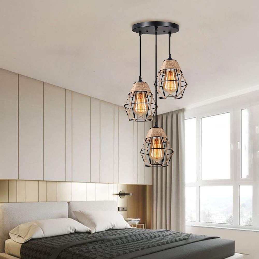 Lampy wiszące do sypialni 3-Light Fixtures Farmhouse Wiszące oświetlenie wiszące Industrial Vintage Wiszące światło Czarna metalowa klatka wisząca do kuchni Wyspa Jadalnia