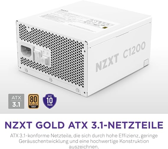 NZXT C1200 Gold ATX 3.1 - Fully Modular Low Noise PC Gaming Power Supply - 1200 Watt - 80 Plus Gold - 12V - 2x6 Connection - Zero Fan Mode - 100% Japanese Capacitors - White