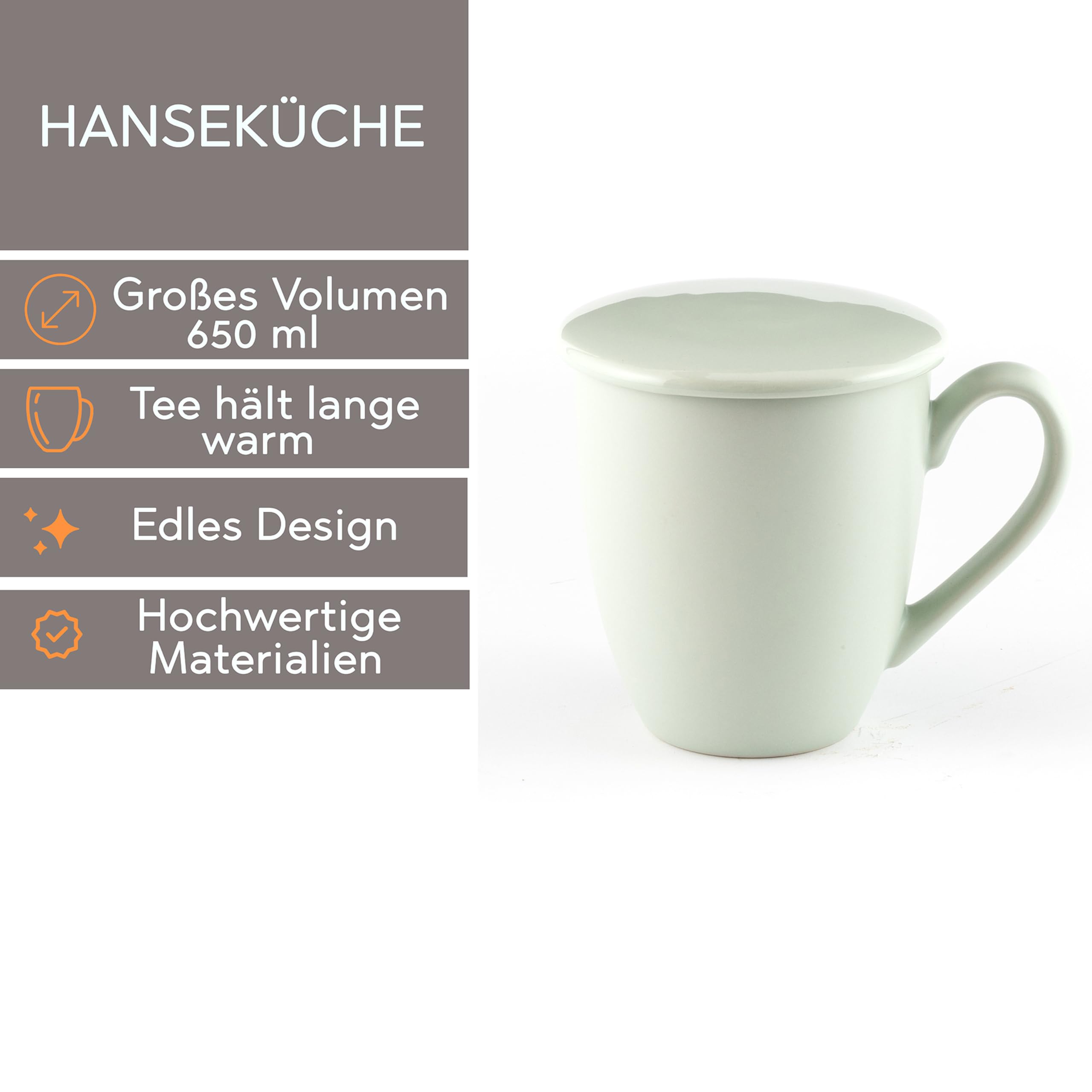 Hanseküche Tazza da tè con coperchio e colino, XXL, 600 ml, in ceramica, grande, con coperchio, filtro da tè, grande (menta, 600 ml)