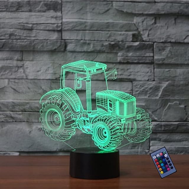 Optical Illusion 3D Tractor Night Light 16 Colors Changing USB Power Remote Control Touch Switch Decor Lamp LED Table Desk Lamp Brithday Children Kids Christmas Xmas Gift
