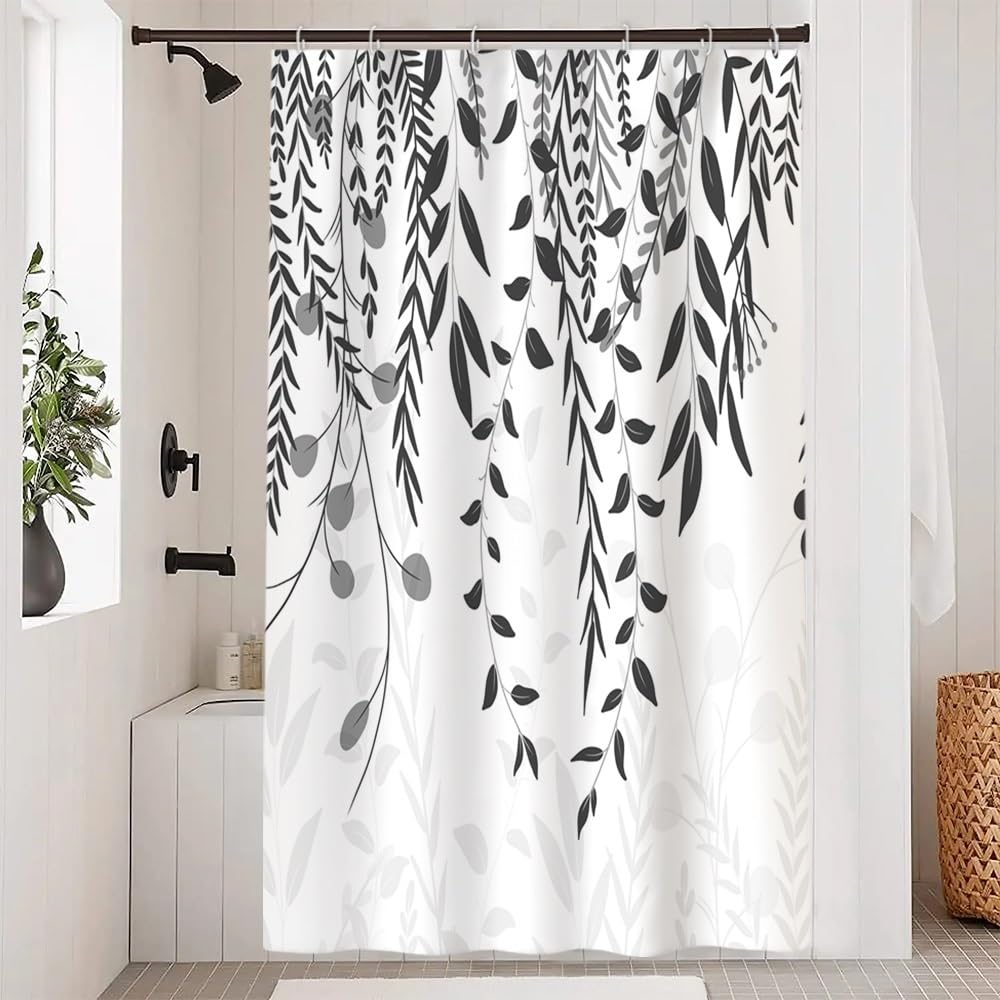 Duschvorhang Grau, Duschvorhang Eukalyptus Blätter Motiv Pflanzen Duschvorhänge Anti Schimmel Wasserdicht Polyester Stoff Waschbar Bad Vorhang mit 8 Haken für Badezimmer Badewanne 120x180cm