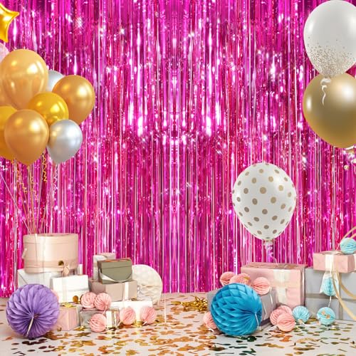 Image of 2Pack Hot Pink Metallic Tinsel Foil Fringe Curtains Backdrop for Pink Party Birthday Wedding Bachelorette Baby Shower Holiday Party Decorations Photo Booth Props, Bachelorette Christmas Party Decors
