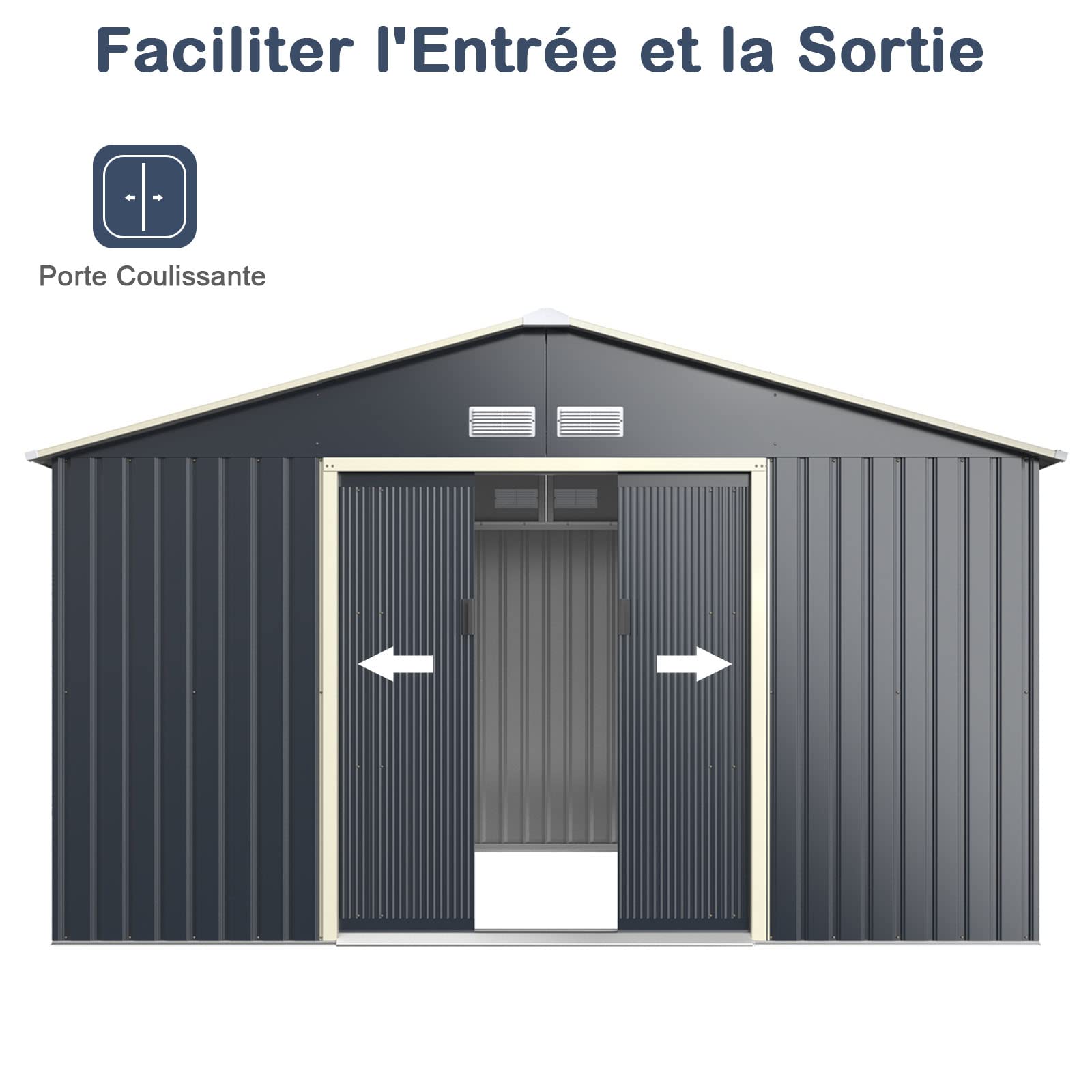 GOPLUS 8,08㎡ Abri de Jardin Métal Galvanisé, Cabine de Jardin Extérieur Portes Coulissantes, Résistant aux Intempéries, Cabane de Rangement à Outils, 16,97m³, 330 x 255 x 210 cm, Gris