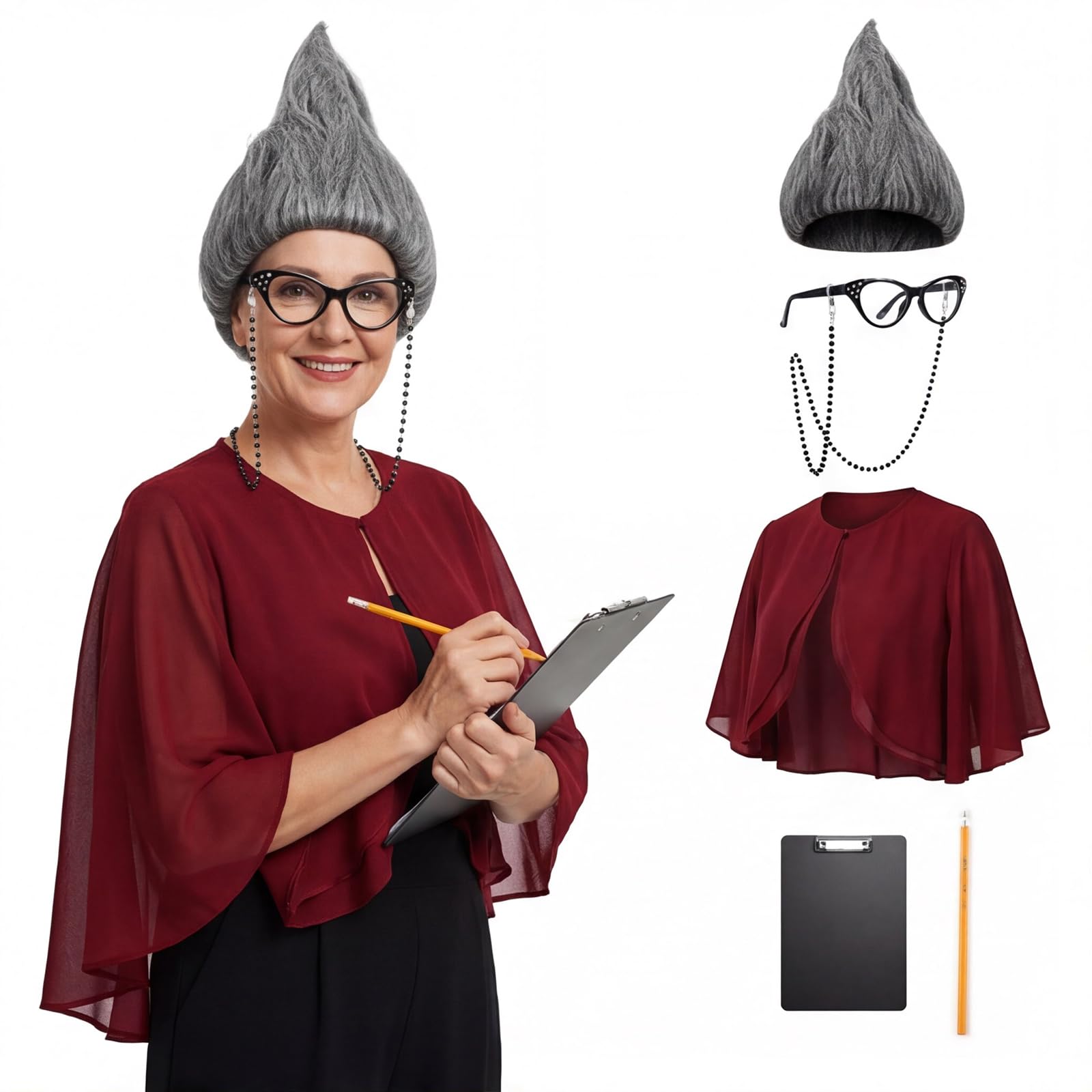 Boyigog Old Lady Costume Old Lady Monster Outfit Wig Shawl Spectacles Folder Pencil Lady Costume for World Book Day Carnival Party 100 Days of School Costumes Women