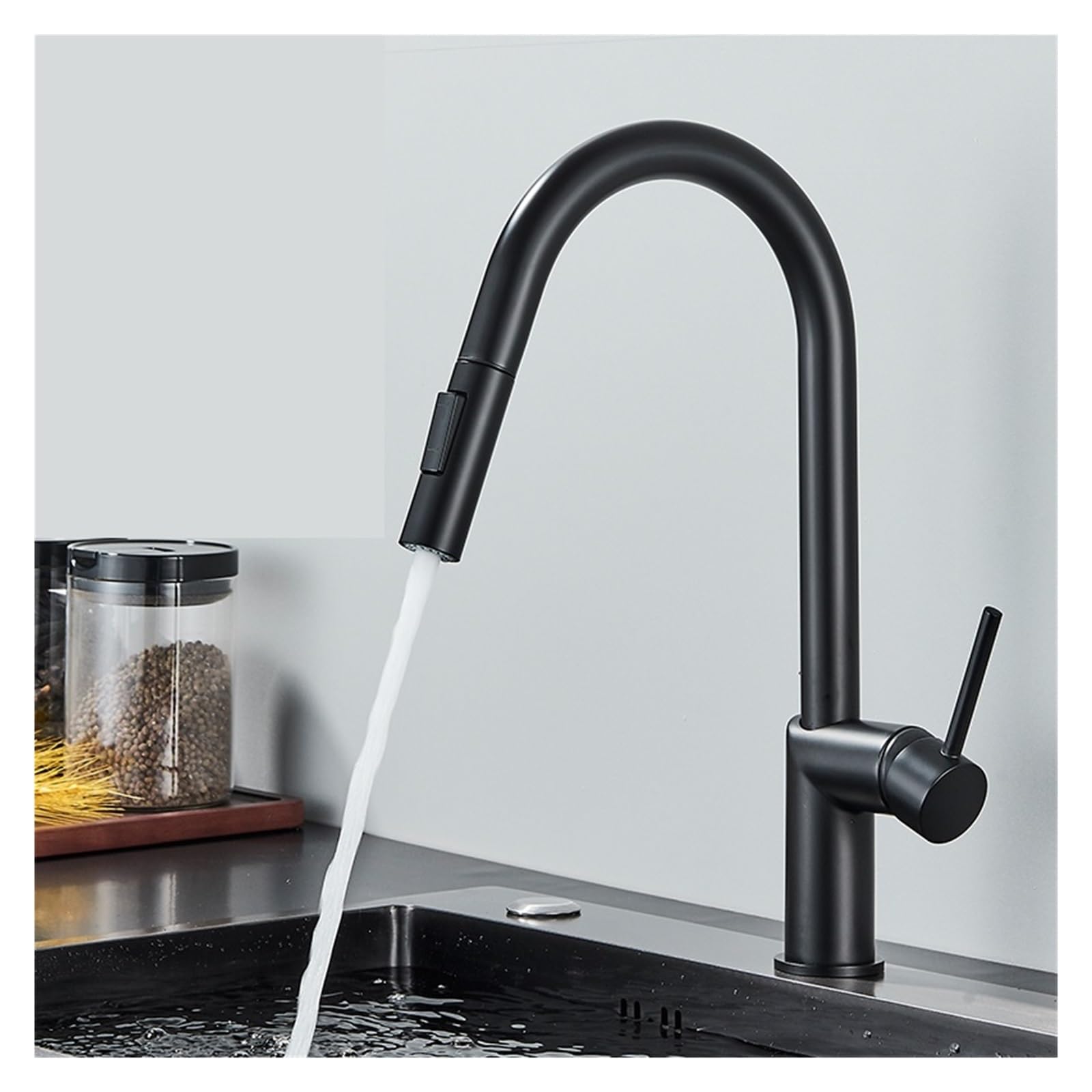 Rubinetto miscelatore acqua calda e fredda a due vie con getto estraibile nero opaco girevole a 360 gradi montato sul piano(Matte Black)