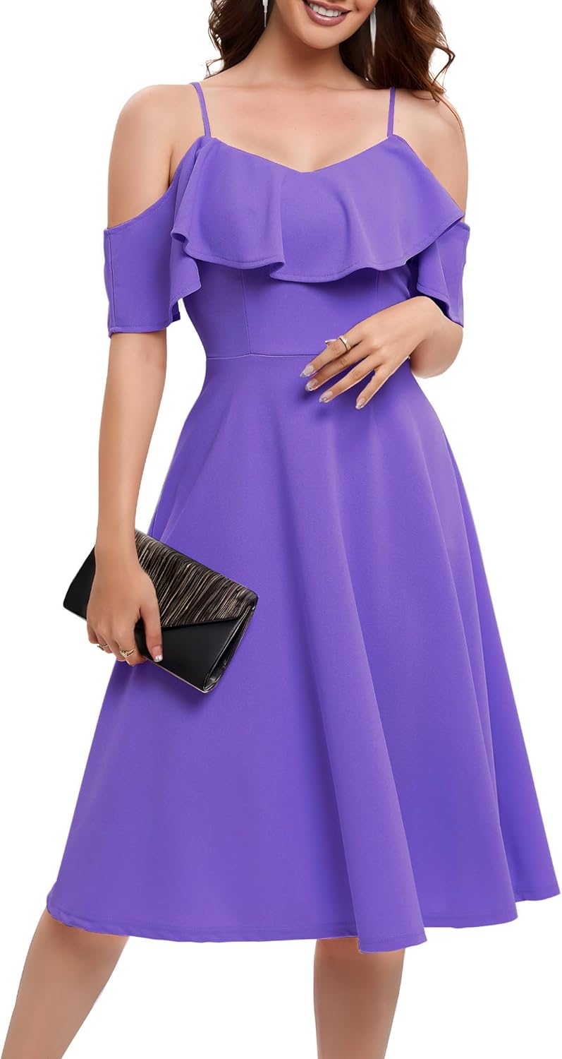 Bbonlinedress Womens Off The Shoulder Cocktail Dress, Formal Wedding Guest Prom Party Homecoming Graduation A-line Midi Dress