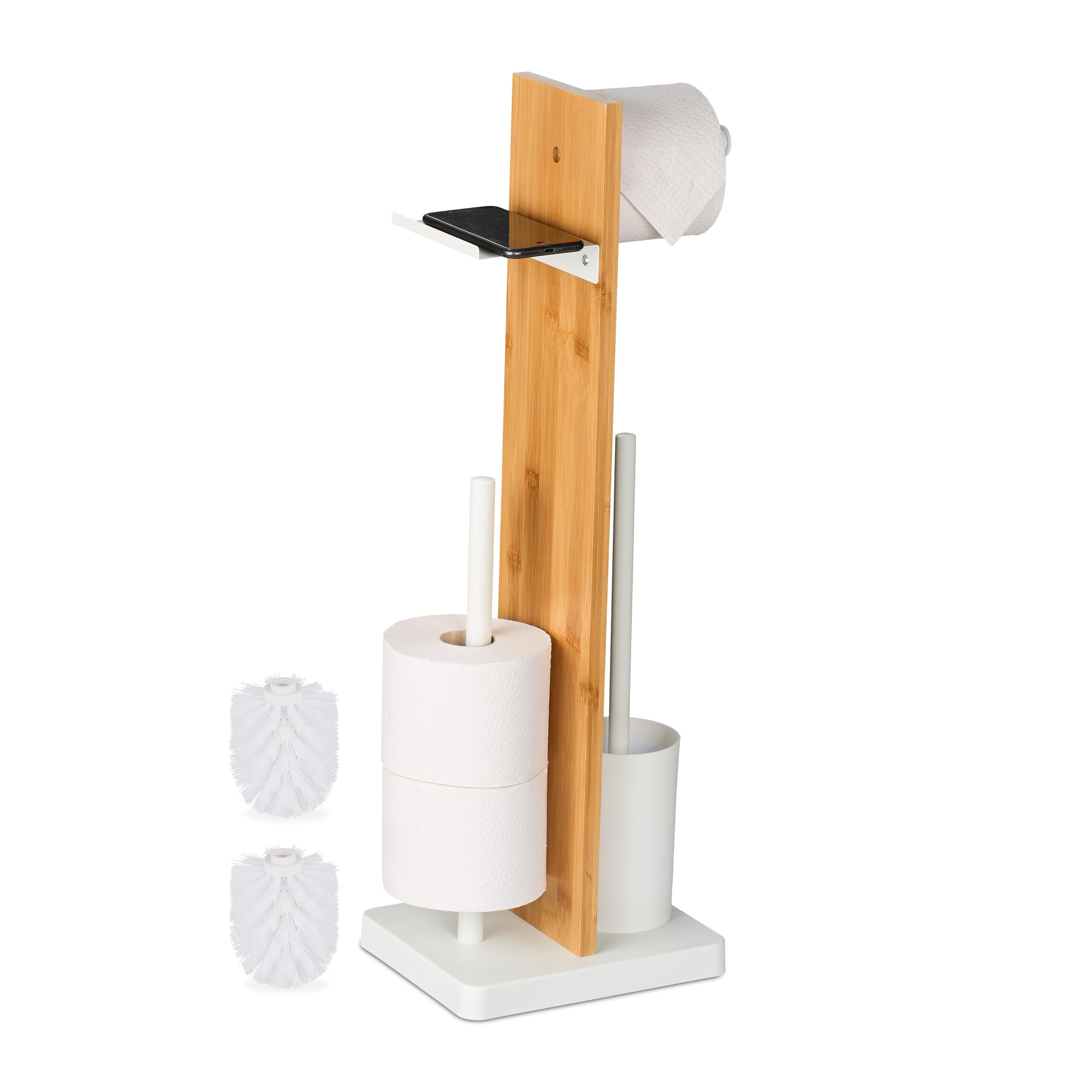 Relaxdays White Toilet Roll Holder And Brush Set, Bamboo, 68X27x18 Cm, Freestanding, With Shelf, Bathroom Accessories, Plastic, Iron