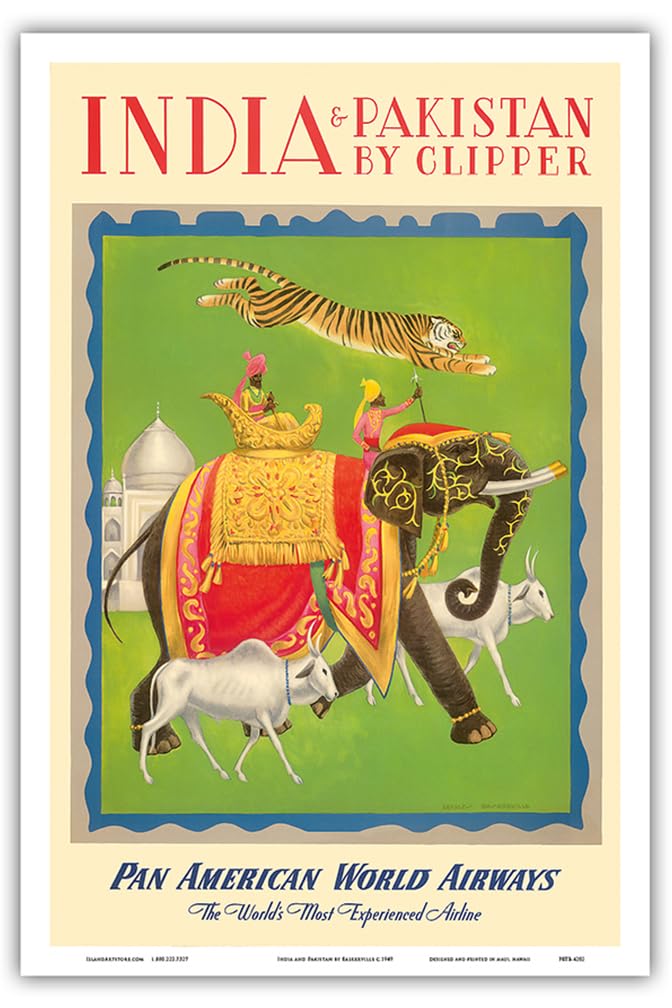 India and Pakistan by Clipper - Pan American World Airways - Vintage Airline Travel Poster by Charles Baskerville c.1949 - Master Art Print (Unframed) 12in x 18in