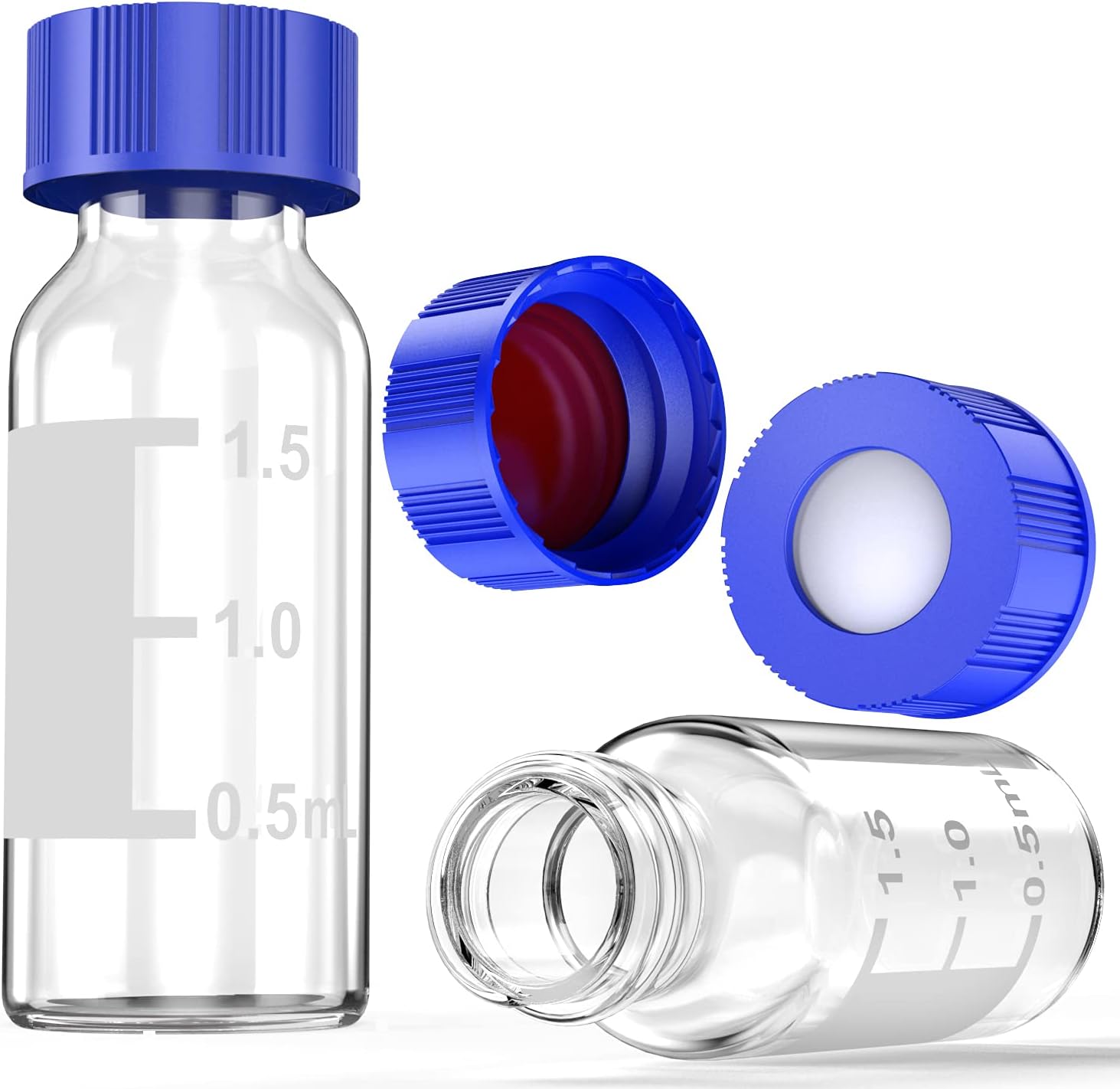 Autosampler Vials, 100 Pcs Sample Vials 2ml HPLC Vials 9-425 Vial Clear Glass Bottles with Write-on Spot and Graduations and 100 Pcs 9mm Blue ABS Screw Caps by Ks-Tek