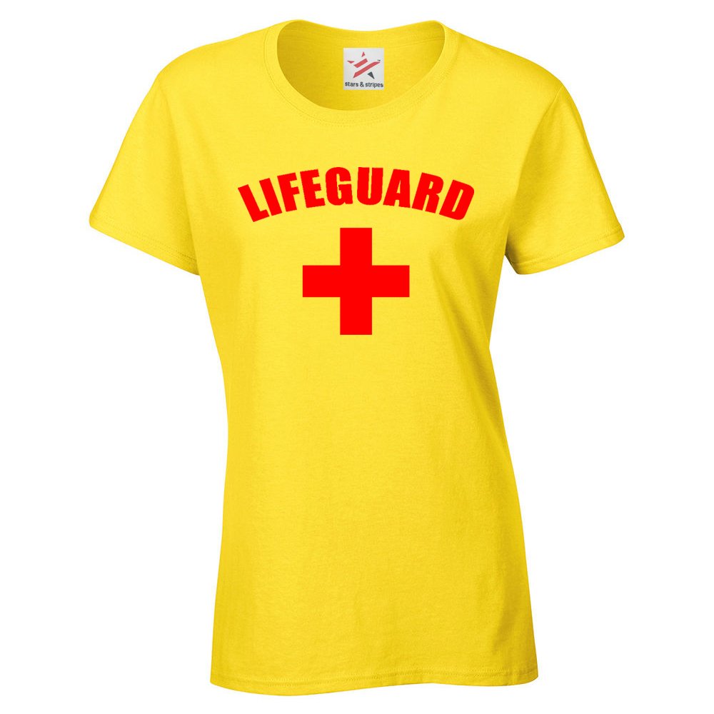 Star and Stripes Lifeguard Cross + Ladies T Shirts - Fancy Dress Beach Party Yellow Small