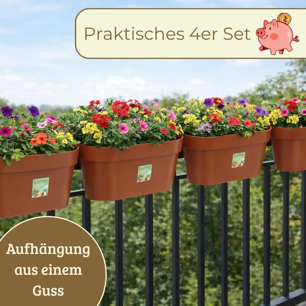 GarPet 4er Set Geländerkasten Balkon mit Wasserspeicher Blumentopf Zaun Blumenkasten Geländer Balkontopf Balkonkasten Geländerkasten Blumenkasten Balkon Terracotta 50 cm