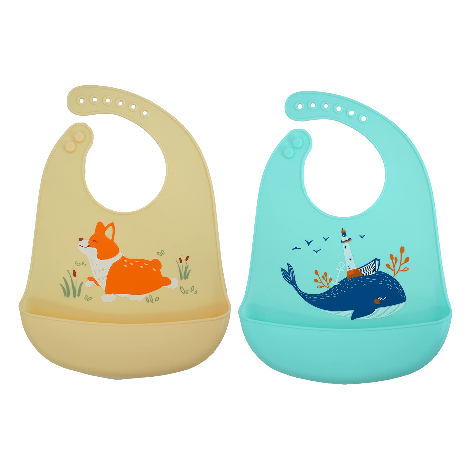Silicone Baby Bibs Comfortable Soft Waterproof Bib Adjustable Bib Easily Wipe Clean Set of 2 Colors
