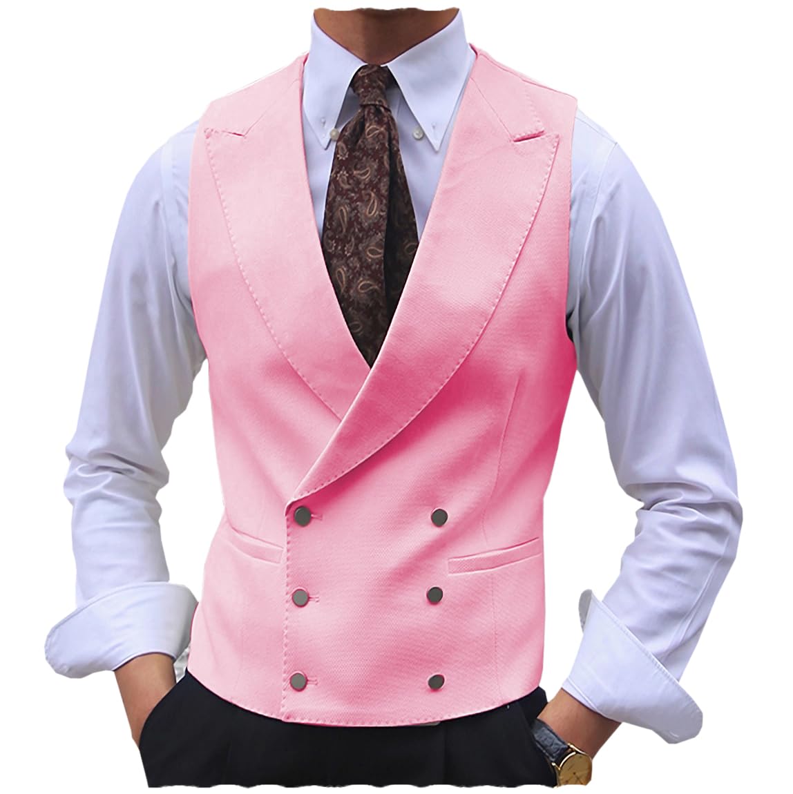 Tuikayoo Men's Suit Vest Business Formal Double Breasted Dress Waistcoat Tuxedo Vest for Wedding Prom（Pink，S）