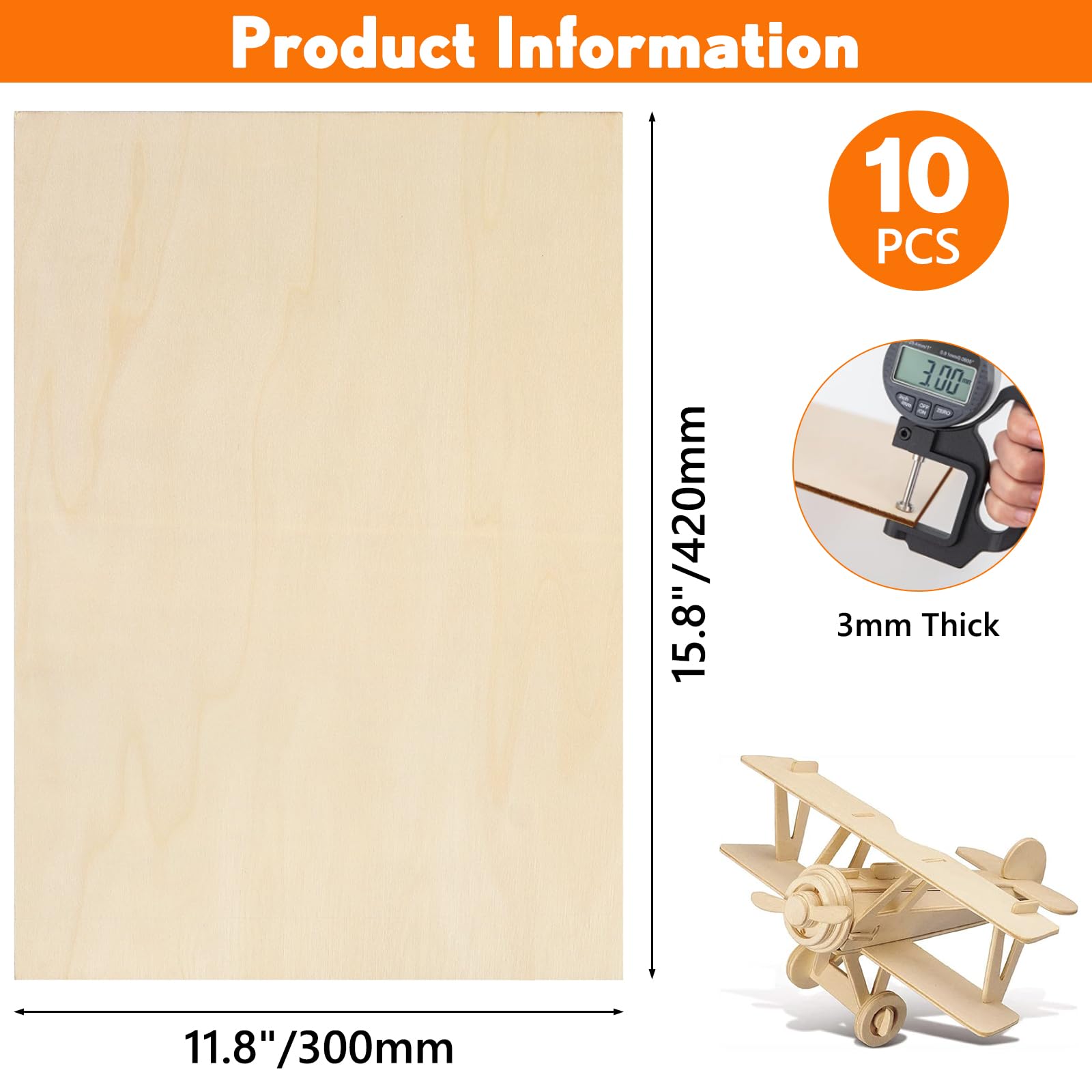 10 Stück A3 Sperrholz, 420mm x 300mm Sperrholzplatte, Sperrholzplatte 3mm, Holzplatten zum Basteln, Geeignet für Schnitzen, Modellbau, Laserschneiden, Brandmalerei, Dekorieren, Gemälde