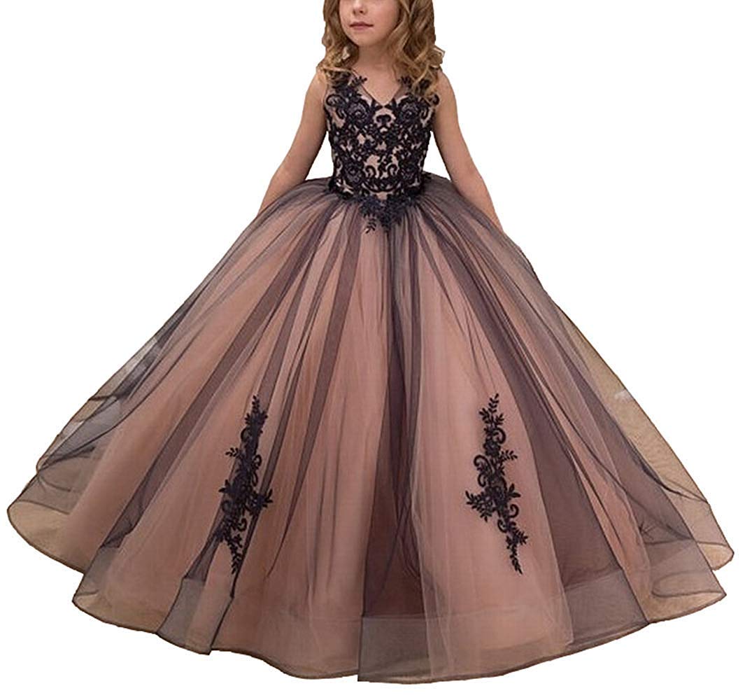 HEVECI V Neck Pageant Dresses for Girls 7-16 Vintage Black Lace Tulle Puffy Prom Ball Gowns for Teens