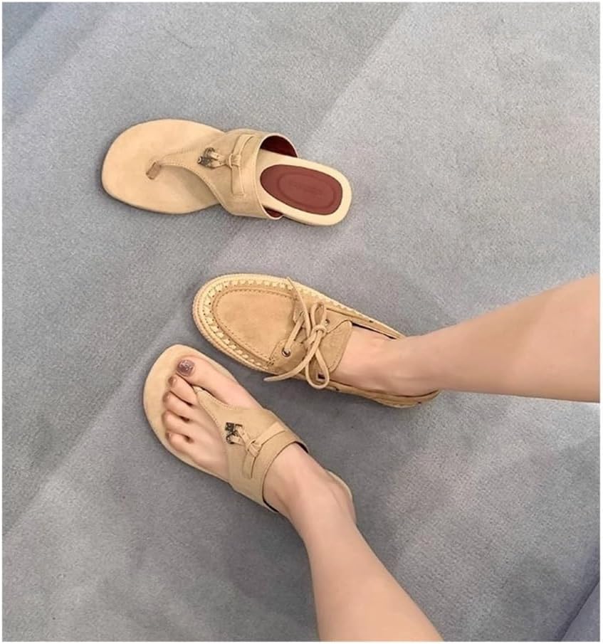 Bath Slippers Women's Square Head Tassel Flip Flops - Low Heeled Sandal Slippers for Outdoor for Showering and Indoor use(Apricot,7)