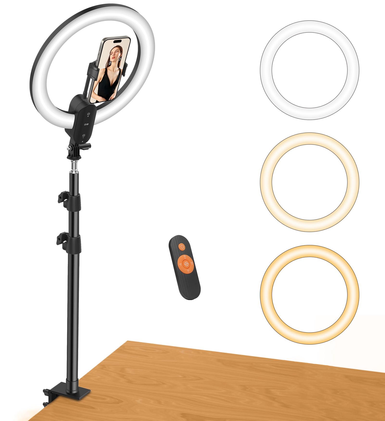 Unicucp 12'' Desk Ring Light Lamp with Clamp for Home Office, Desktop Video Lights Built in 2800mAh Battery, Overhead Phone Mount with Ring Light for Video Calls Recording, Makeup, Live Streaming