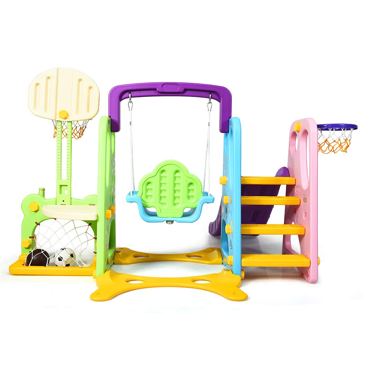 COSTWAY 6 in 1 Kinder Rutsche mit Schaukel, Kinderrutsche Indoor mit Basketballkorb & Fußballtor & Wurfspiel & Schreibtischplatte, Spielplatz Indoor & Outdoor für Kinder ab 3 Jahren
