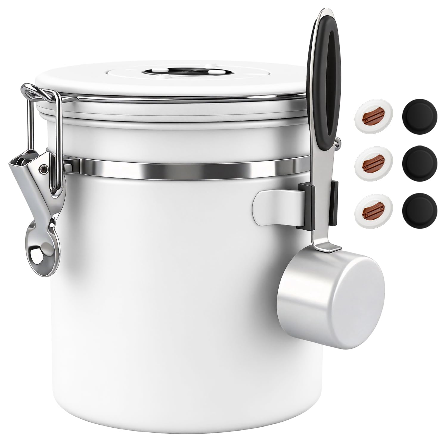 ShanSon Coffee Canister Airtight, Stainless Steel Bean Storage Container with Date Tracker &amp; Scoop, Grounds Sugar Flour Tea Cereal Fits Kitchen Pantry, Ideal Gift for Coffee Lovers,16oz, White