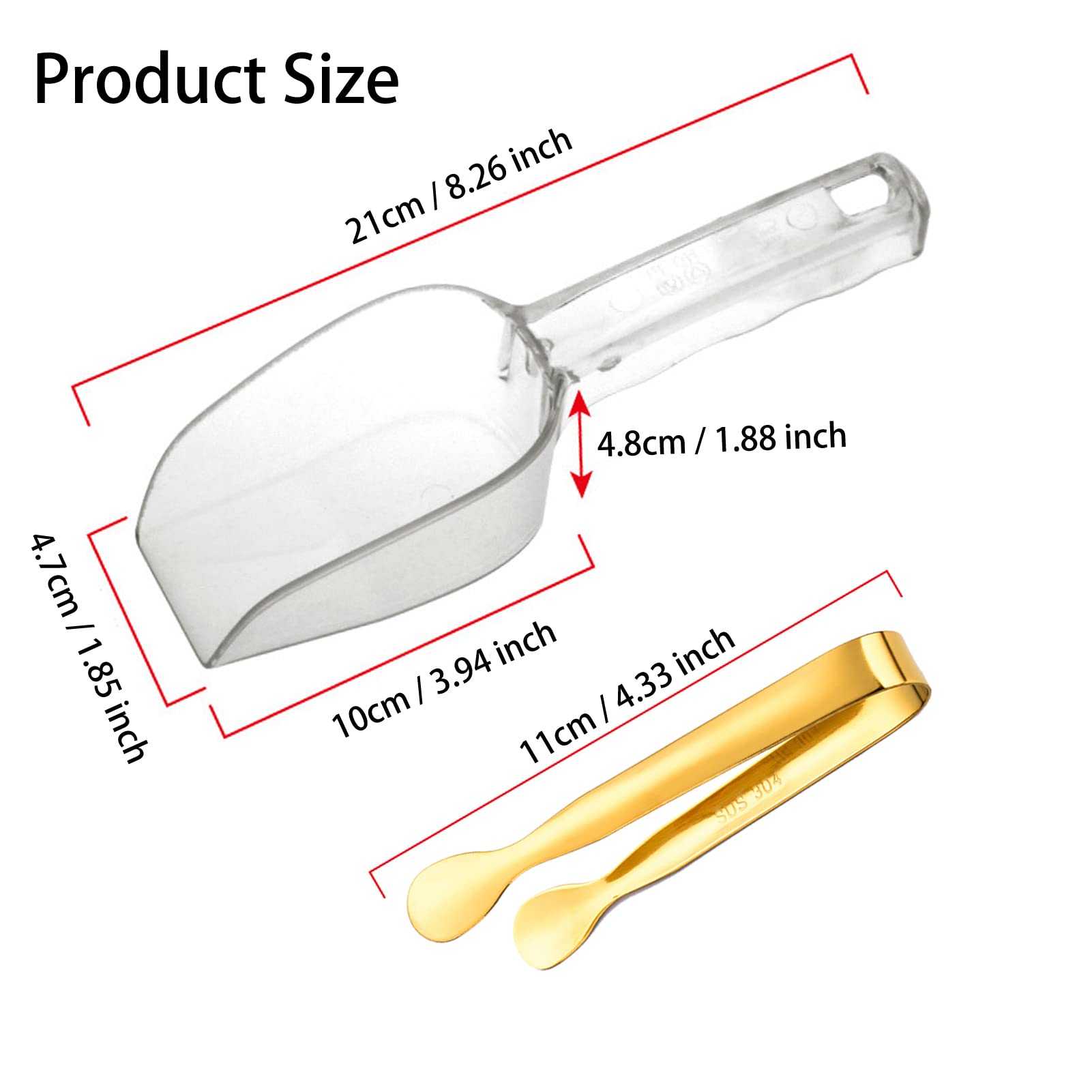 Lot de 3 pinces à glace dorées et cuillères à mesurer en plastique, 3 pinces de service et 2 cuillères à nourriture pour café glacé, bar, mariage, fête d'anniversaire