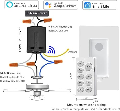 Miniatura 6 de Nexete Kit de control remoto universal de ventilador de techo inteligente Wi-Fi, ajuste de velocidad del ventilador y encendido y apagado, control