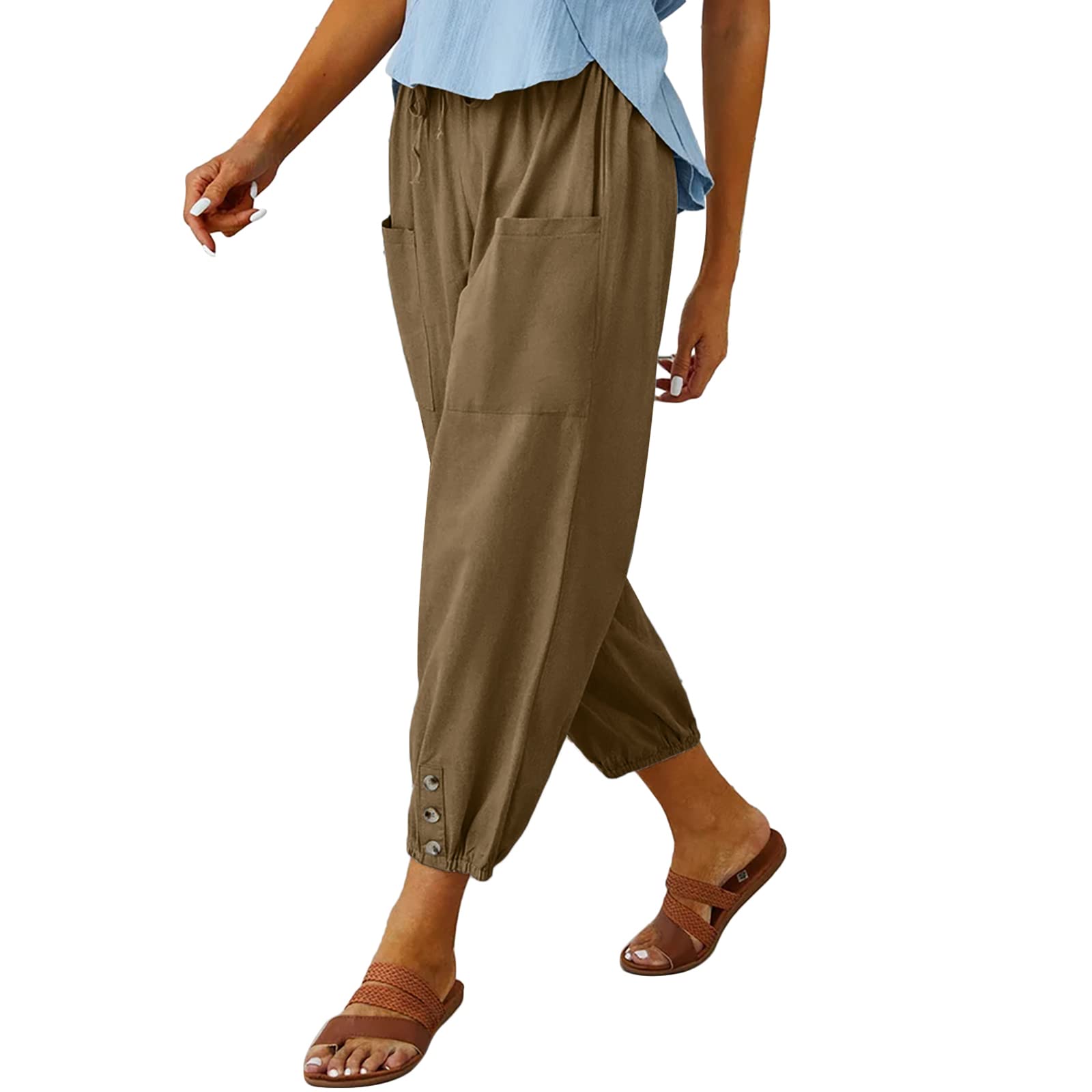 Women's High Waist Pants Drawstring Capri Pants with Pockets Wide Leg Cropped Pants for Women