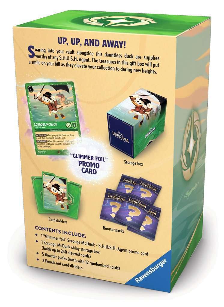 Amazon.com: Ravensburger Disney Lorcana TCG: Scrooge McDuck Gift Box -  Glimmer Foil Promo Card, 5 Assorted Booster Packs, Storage Box and Dividers  - Trading Card Game & Disney Collectible