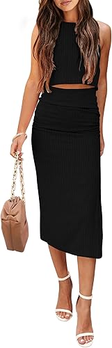 PRETTYGARDEN Conjunto de 2 piezas de verano para mujer con cuello redondo camiseta sin mangas con abertura entallado falda por debajo de la rodilla