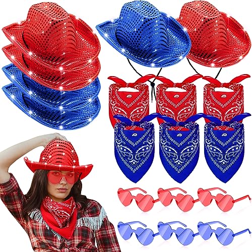 Shihanee 18 Pcs Light Cowboy Hat Space Cowgirl Hat LED Flashing Hat with Heart Glasses Western Costume Paisley Bandanna (Blue, Red)