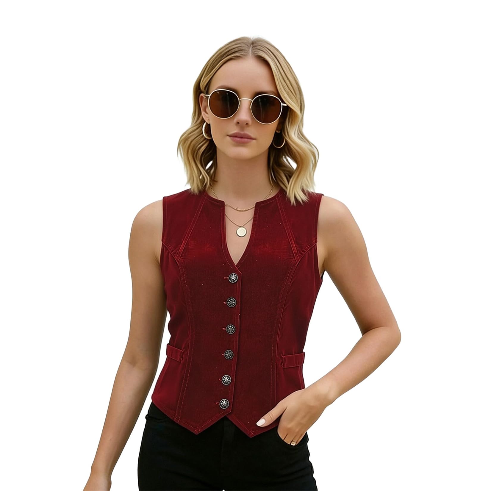 BPURB Chaleco vintage de terciopelo para mujer, cuello en V, recortado, sin mangas, casual, ajuste regular, con botones