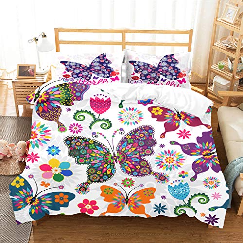 HNHDDZ Mariposa 3D Impreso Juego de Cama Funda Nórdica y Funda de Almohada, Niña Flor Vía Láctea Azul Cielo Estrellado Púrpura Rosado Costuras en Blanco y Negro (Estilo 3,180x220 cm - Cama 90/105 cm)