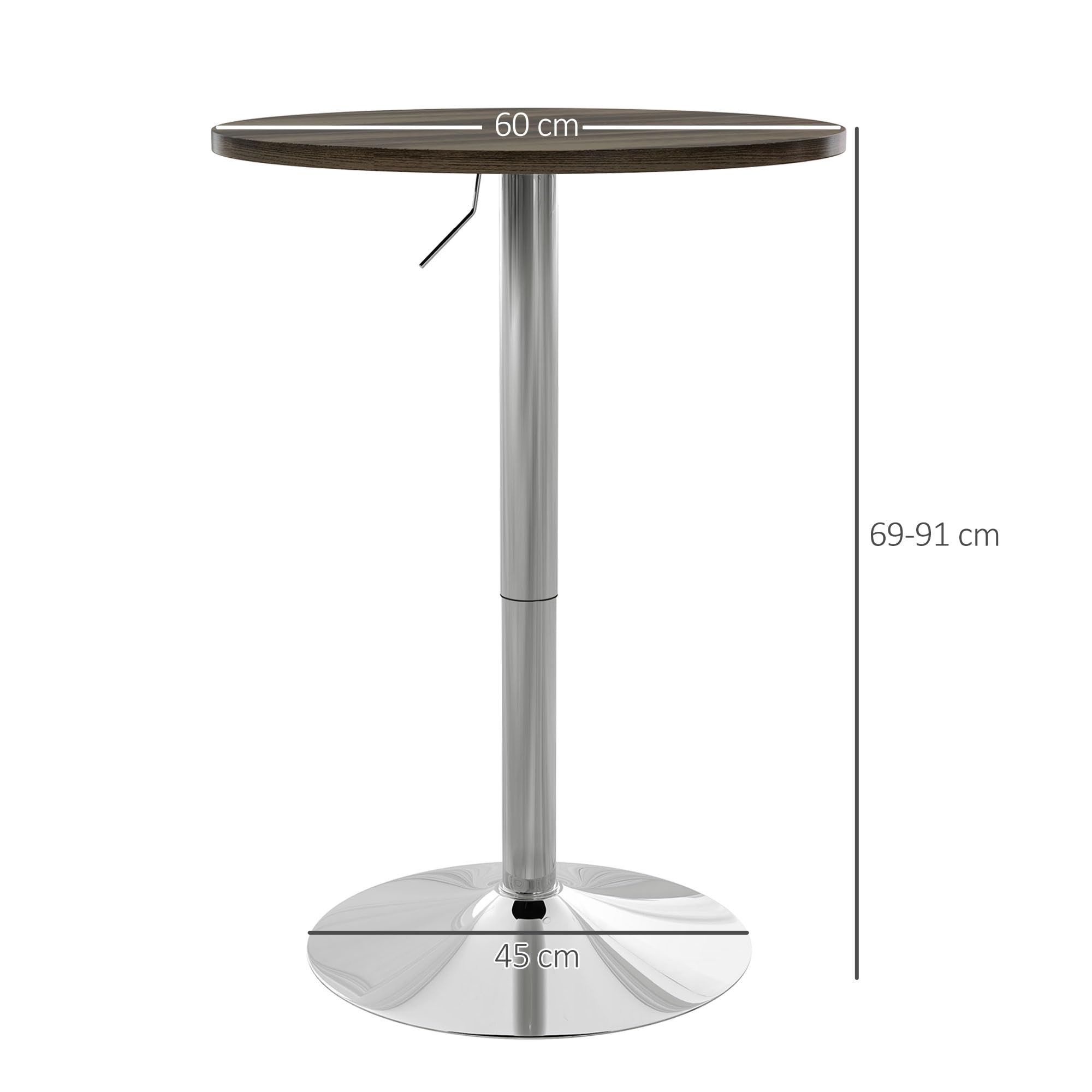 HOMCOM Mesa Alta Cocina, Mesa Alta Bar Redonda para 2 Personas, Altura Ajustable 69-91 cm, Tablero Giratorio 360°, Base de Acero, para Salón, Comedor, Cocina, 60x60x91 cm, Nogal